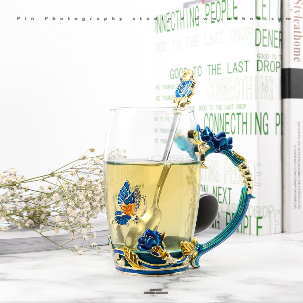 Product Photography in China Transparent cup blue butterfly lifestyle desk
