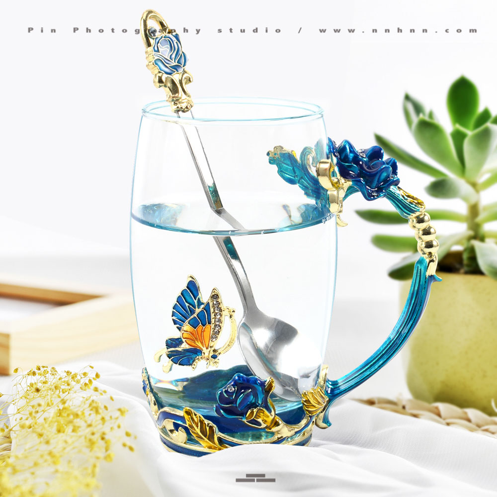 Product Photography in China Transparent cup blue butterfly lifestyle