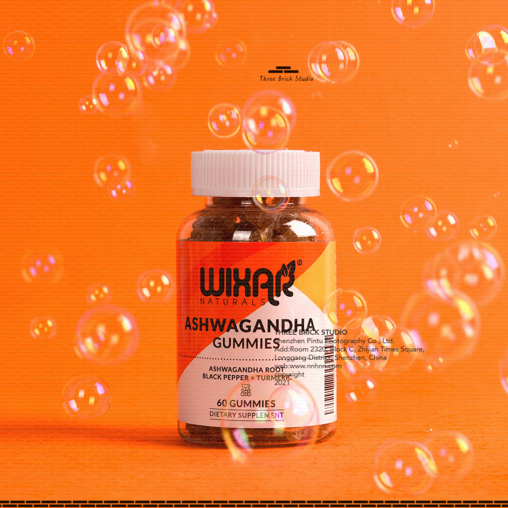 Chinese product photography vitamin bear lifestyle strawberry orange background bubble